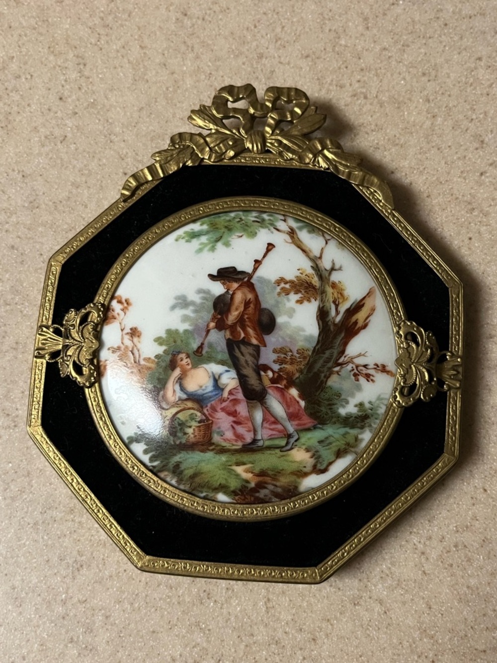Vintage Porcelain Plaque in Brass Metal  Ornate Frame - Courting Couple
